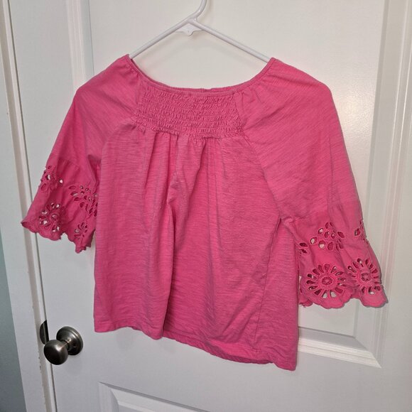 Arizona Top Pink Smocked Eyelet Girls Size Medium 10/12 Boho 3/4 Sleeve Cottage - Picture 1 of 5